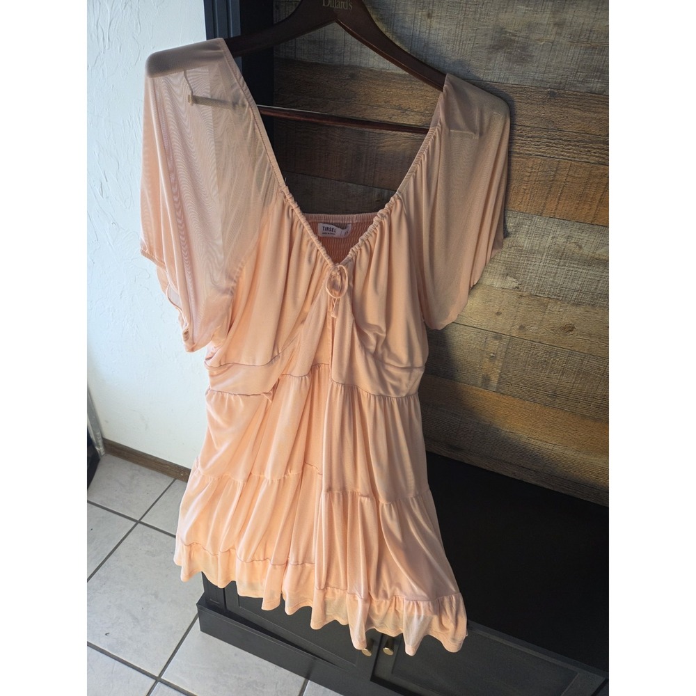Tinsel dusty peach mesh square neck smocked sheer mini dress, short sleeve, 3X